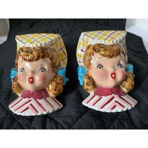 Pair of Vintage Norcrest surprised girl w/ pigtails cutie wall pockets P345